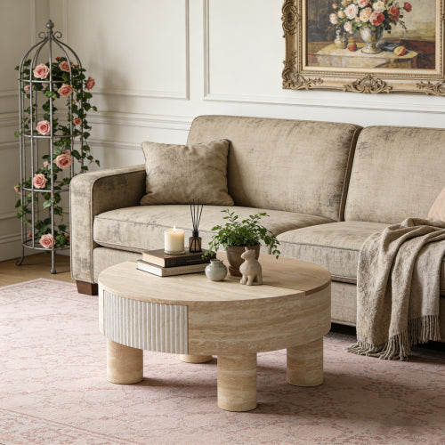 Round Coffee Table with Flip Top Storage Fluted Modern MDF Living Room Center Table