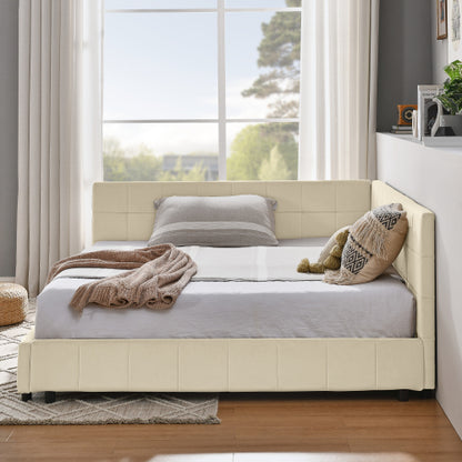 Full Size Upholstered Tufted  Bed Frame, Sofa Bed Frame with Comfortable Backrest and Armrests, Full Size Bed for Bedroom, Living Room,Velvet, NEW BEIGE(80.5inch *59inch *30.5inch )