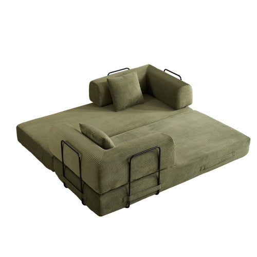 Green Corduroy Convertible Sleeper Sofa Bed with Cylindrical Pillow