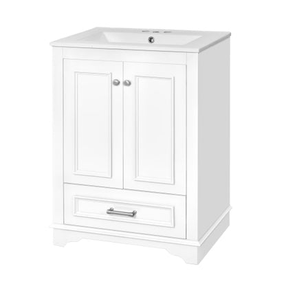 24'' Bathroom Vanity with Ceramic Sink Combo, Modern Freestanding Storage Cabinet with Silver Handles, Soft Closing Doors