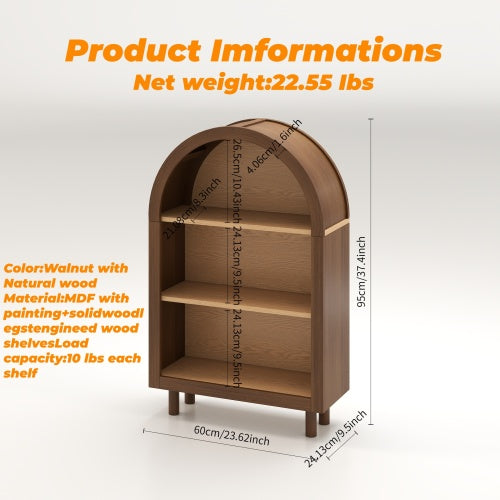 Walnut Arched Top 3-Tier Open Bookshelf Glaze Finish Storage Cabinet for Living Room Entryway Bedroom