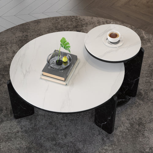 Set of 2 Round Nesting Coffee Tables, White Sintered Stone Top & MDF Frame, 32.68inch +16.93inch  for Small Spaces