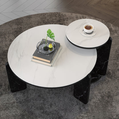 Set of 2 Round Nesting Coffee Tables, White Sintered Stone Top & MDF Frame, 32.68inch +16.93inch  for Small Spaces