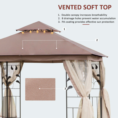 10' x 10' Metal Patio Gazebo, Double Roof Outdoor Gazebo Canopy Shelter with Tree Motifs Corner Frame and Netting, for Garden, Lawn, Backyard, and Deck, Brown
