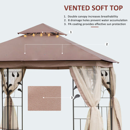 10' x 10' Metal Patio Gazebo, Double Roof Outdoor Gazebo Canopy Shelter with Tree Motifs Corner Frame and Netting, for Garden, Lawn, Backyard, and Deck, Brown