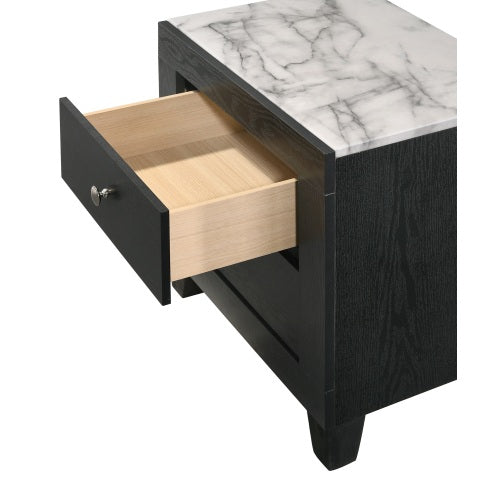 White Faux Marble Top 2-Drawer Nightstand with Black Frame