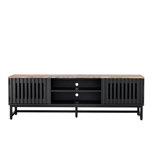 63 Inch Black MDF TV Stand Slatted Grille Doors Media Console Holds 60 Inch TV