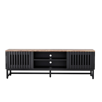 63 Inch Black MDF TV Stand Slatted Grille Doors Media Console Holds 60 Inch TV