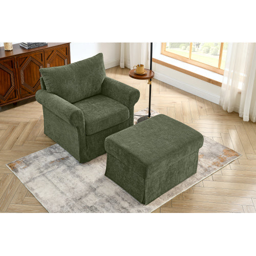 37.5-Inch Plush Chenille Accent Armchair with Movable Ottoman for Living-Room Bedroom Apartment