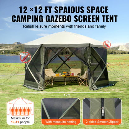 Pop Up Gazebo Tent, Pop-Up Screen Tent 6 Sided Canopy Sun Shelter with 6 Removable Privacy Wind Cloths & Mesh Windows, 12x12FT Quick Set Screen Tent with Mosquito Netting, Army Green