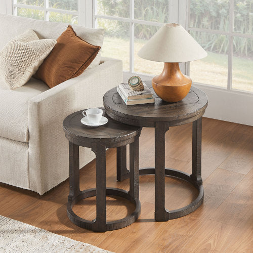 2PCS Solid Wood Round Side Table Set Mid Century Nesting Coffee Table Brown