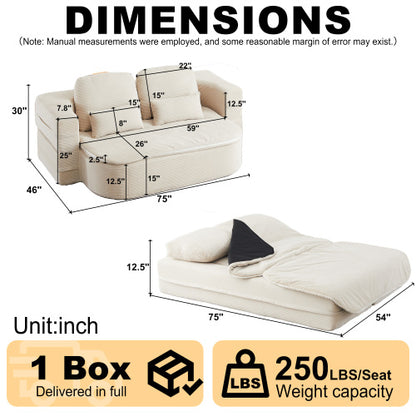 75 inch  Corduroy Convertible Floor Sofa Bed with Built-in Blanket & 4 Pillows