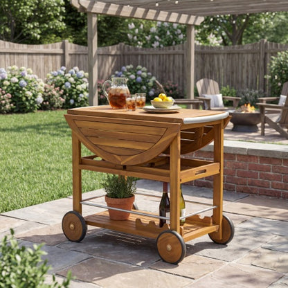Outdoor Acacia Wood Bar Cart with Foldable Tabletop & Removable Trays, 35.5 inch Rolling Serving Cart for Patio, Deck & Backyard