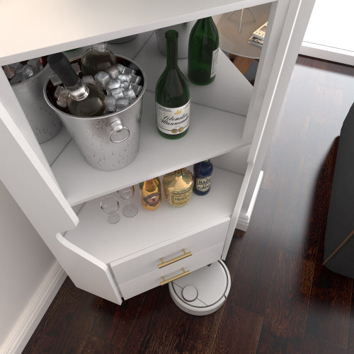 Wooden Corner bar cabinet with 2 open storage shelves and 2 drawers, mirrored back sideboard cabinet, high feet/legs for easy cleaning, buffet cabinet WHITE