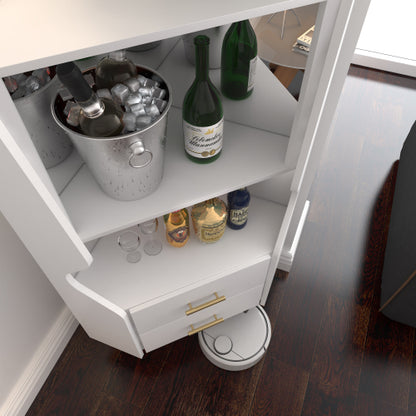 Wooden Corner bar cabinet with 2 open storage shelves and 2 drawers, mirrored back sideboard cabinet, high feet/legs for easy cleaning, buffet cabinet WHITE