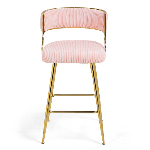 (SET of 2) 26inch  Counter height bar stools Corduroy kitchen island counter bar stool with back,golden chromed base and footrest (PINK)