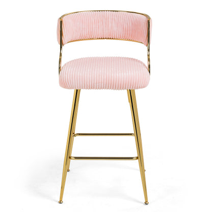 (SET of 2) 26inch  Counter height bar stools Corduroy kitchen island counter bar stool with back,golden chromed base and footrest (PINK)
