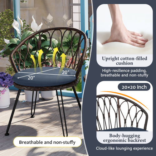 U_STYLE Outdoor Leisure Set, 2 Rattan Single Chairs with A Glass Round Table, Perfectly Suited for Patios, Balconies, and Courtyards