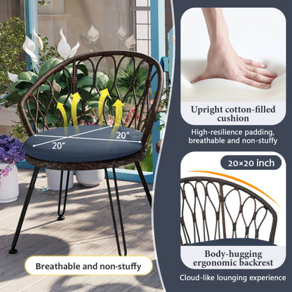 U_STYLE Outdoor Leisure Set, 2 Rattan Single Chairs with A Glass Round Table, Perfectly Suited for Patios, Balconies, and Courtyards