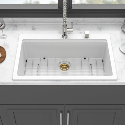 Quartz Kitchen Sink - 33" x 22" x 9.65" White granite composite Workstation Drop-in kitchen sink