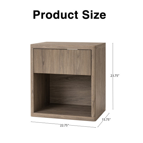 Grey Alder Fluted Nightstand, EPA Certified Engineered Wood Mid-Century Side Table with Drawer & Open Compartment