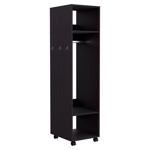 Armoire 63"H, with 3 Shelves, 1 Mirror, and 4 Wheels, Black