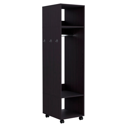 Armoire 63"H, with 3 Shelves, 1 Mirror, and 4 Wheels, Black