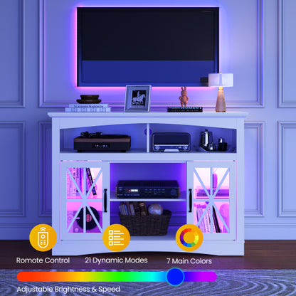 47 Inch White Farmhouse Retro TV Console with Glass Doors, LED Lights & UL Certified Fireplace Space