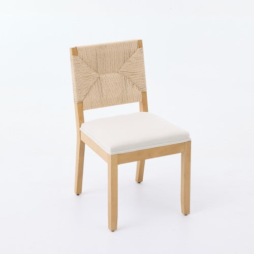 Cane Back Wood Dining Chairs with Linen Cushions, Set of 2, Beige