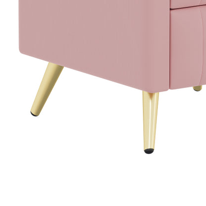 Upholstered Wooden Nightstand with 3 Drawers and Metal Legs&Handles, Bedside Table with Marbling Stickers Worktop - Pink