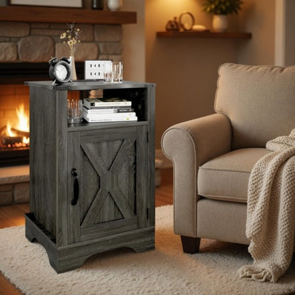 16inch Dark Grey Farmhouse Nightstand with Charger