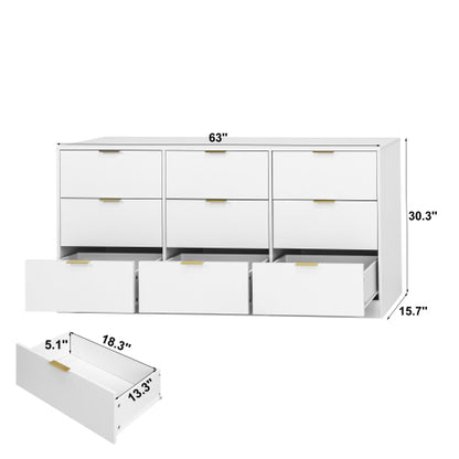 White 9 Drawer Dresser, 63" Large Deep Chest of Drawers, Wooden Dresser Storage Cabinet with 9 Drawers for Bedroom, Long Dressers for Living Room, Hallway