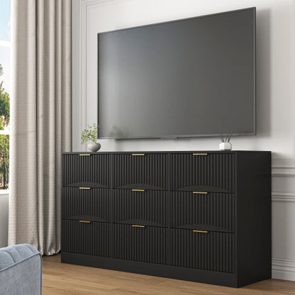 Black 9 Drawer Dresser, 63" Large Deep Chest of Drawers, Wooden Dresser Storage Cabinet with 9 Drawers for Bedroom, Long Dressers for Living Room, Hallway, Drawer panel with wavy patterns