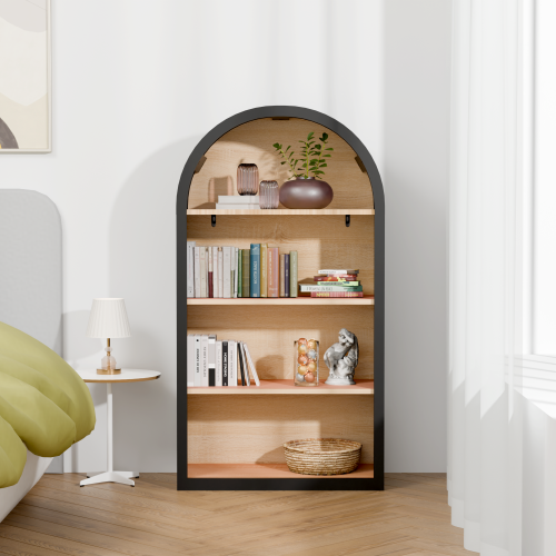 43 Inch Black Arched 4-Tier MDF Bookshelf Home Decorative Storage Display Shelf