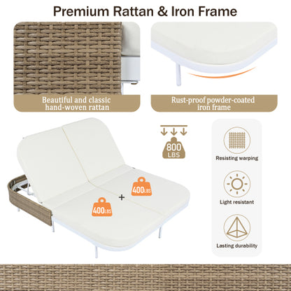 TREXM Outdoor Daybed, Patio Rattan Daybed with 5-Position Adjustable Backrest and Removable Cushions&Pillows, Iron Frame Outdoor Bed Loveseat for Garden, Backyard, Poolside (White Frame+Beige Cushion)
