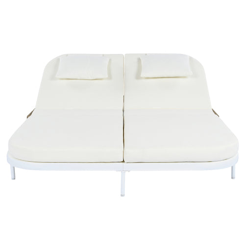 TREXM Outdoor Daybed, Patio Rattan Daybed with 5-Position Adjustable Backrest and Removable Cushions&Pillows, Iron Frame Outdoor Bed Loveseat for Garden, Backyard, Poolside (White Frame+Beige Cushion)