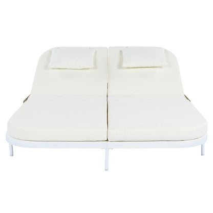 TREXM Outdoor Daybed, Patio Rattan Daybed with 5-Position Adjustable Backrest and Removable Cushions&Pillows, Iron Frame Outdoor Bed Loveseat for Garden, Backyard, Poolside (White Frame+Beige Cushion)