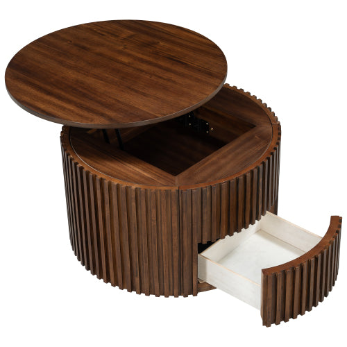 Round Lift Top Fluted Coffee Table, Solid Wood & MDF Accent Table with Hidden Storage Drawer