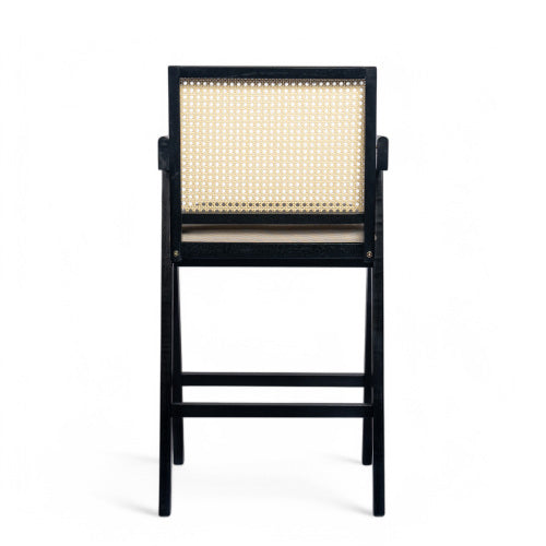 27inch Height, Cream Grey Woven Cane Plastic Backrest Bar Stool - Foam-Padded Fabric Seat & Durable Rubberwood Frame