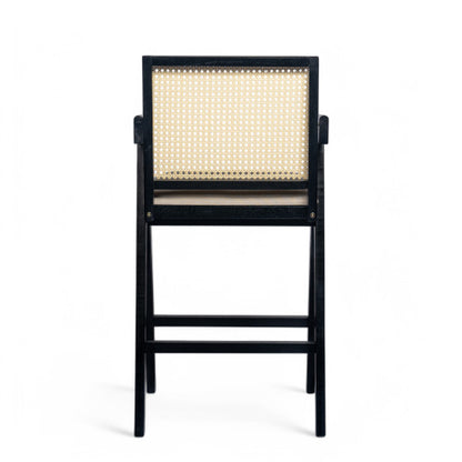 27inch Height, Cream Grey Woven Cane Plastic Backrest Bar Stool - Foam-Padded Fabric Seat & Durable Rubberwood Frame