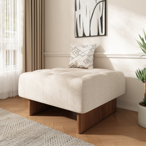 Beige Tufted Square Linen Ottoman, Breathable Fabric Foot Stool with Durable Rubber Wood Legs for Bedroom & Living Room