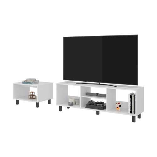 White Matching TV Stand & Coffee Table Set with Open Storage Shelves