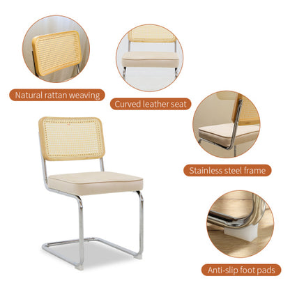 Set of 2 Champagne Velvet Rattan Cantilever Dining Chairs, Chrome Tubular Steel Breuer Stackable Side Chairs