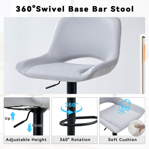 Modern Swivel Adjustable Bar Stools Set - 2 Pack, Light Gray Linen Fabric, Holds Up to 250 lbs, Suitable for Home Bars and Kitchen Islands.