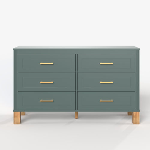 6-Drawer Double Dresser in Green, Modern Storage Cabinet with Metal Handles & Solid Wood Legs, Dresser Drawer Organizer for Kids Bedroom, Heavy-Duty Wooden Dresser with Pre-Installed