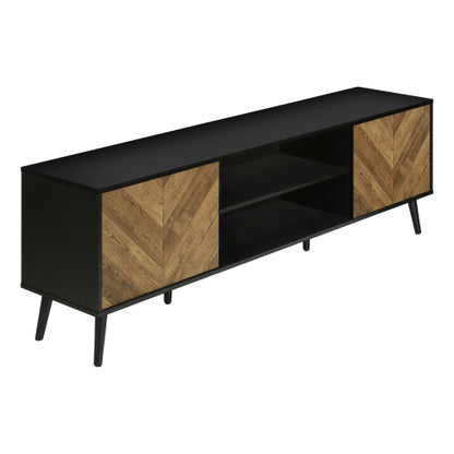 72 Inch Brown Black Grooved TV Stand with Black Wood Legs & Dual Cable Holes