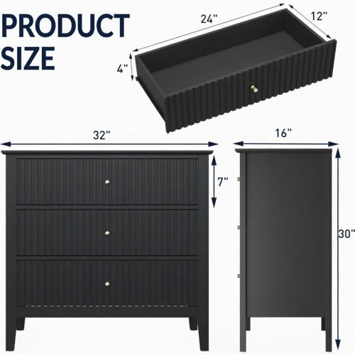 32inch Black Fluted 3-Drawer Nightstand