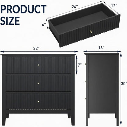 32inch Black Fluted 3-Drawer Nightstand