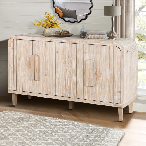 59'' Farmhouse Curved Vintage Storage Sideboard with Adjustable Shelves (Natural Wood Washed)