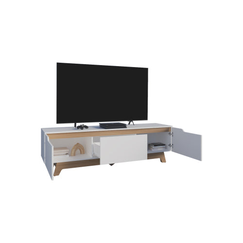 White and Natural Oak 65 inch TV Stand with Cabinets and Shelves